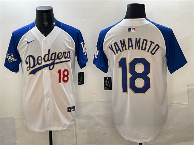 Men's Los Angeles Dodgers #18 Yoshinobu Yamamoto White/Royal 2025 World Series Patch Limited Stitched Baseball Jersey Men's Los Angeles Dodgers #18 Yoshinobu Yamamoto White/Royal 2025 World Series Patch Limited Stitched Baseball Jersey